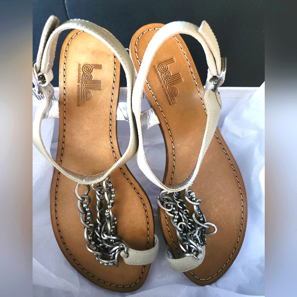 NIB Belle by Sigerson Morrison Bohemian Sandal Cream Lesther Silver Chain Accent